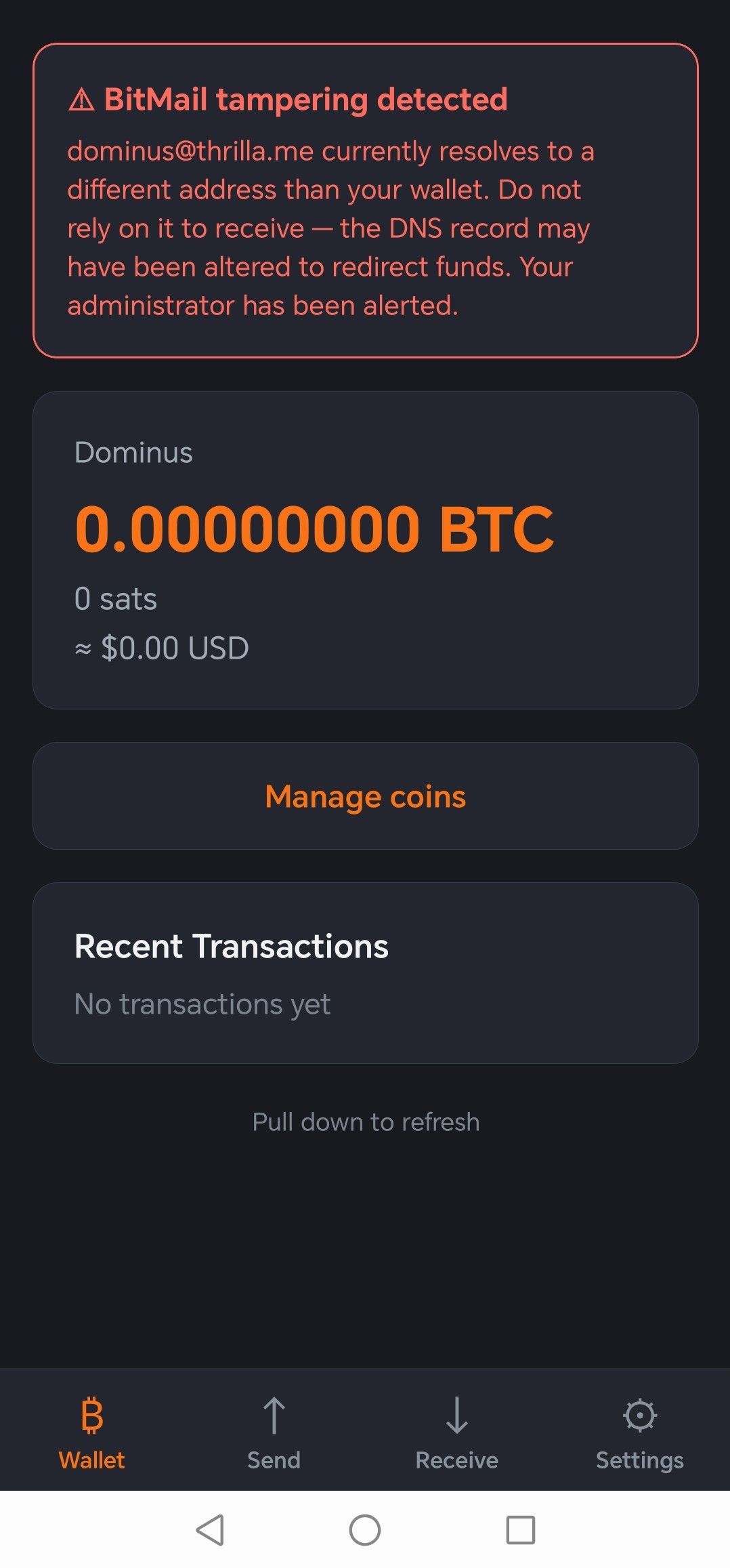 A red warning panel reading BitMail tampering detected: the name currently resolves to a different address than your wallet