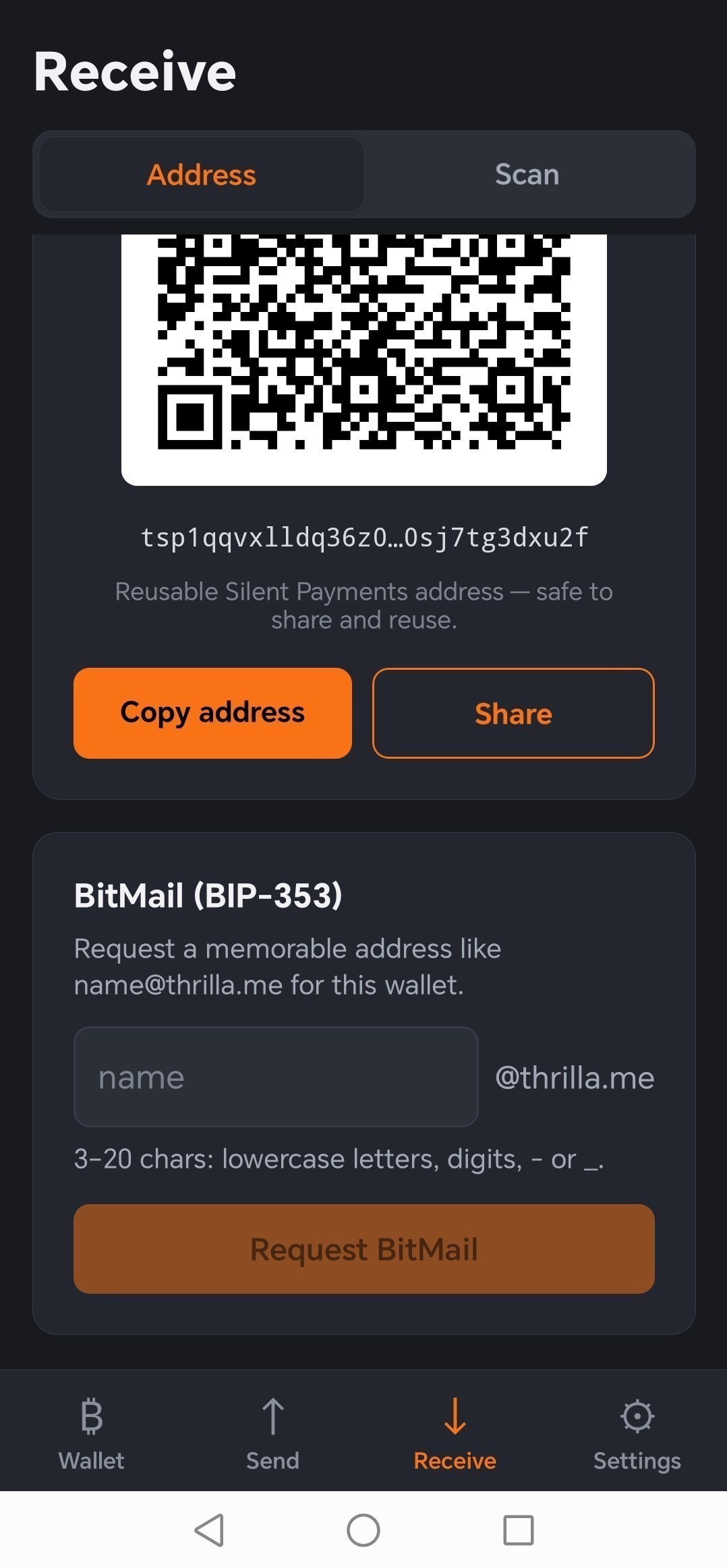 The Receive screen: a QR code for a reusable Silent Payments address, with a form to claim a BitMail name