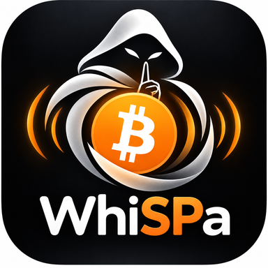 WhiSPa Wallet — a hooded figure signalling for quiet, holding a Bitcoin coin
